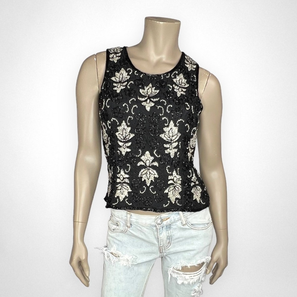Vintage Medium ‎ Black and Silver Beaded Sleeveless Silk Top